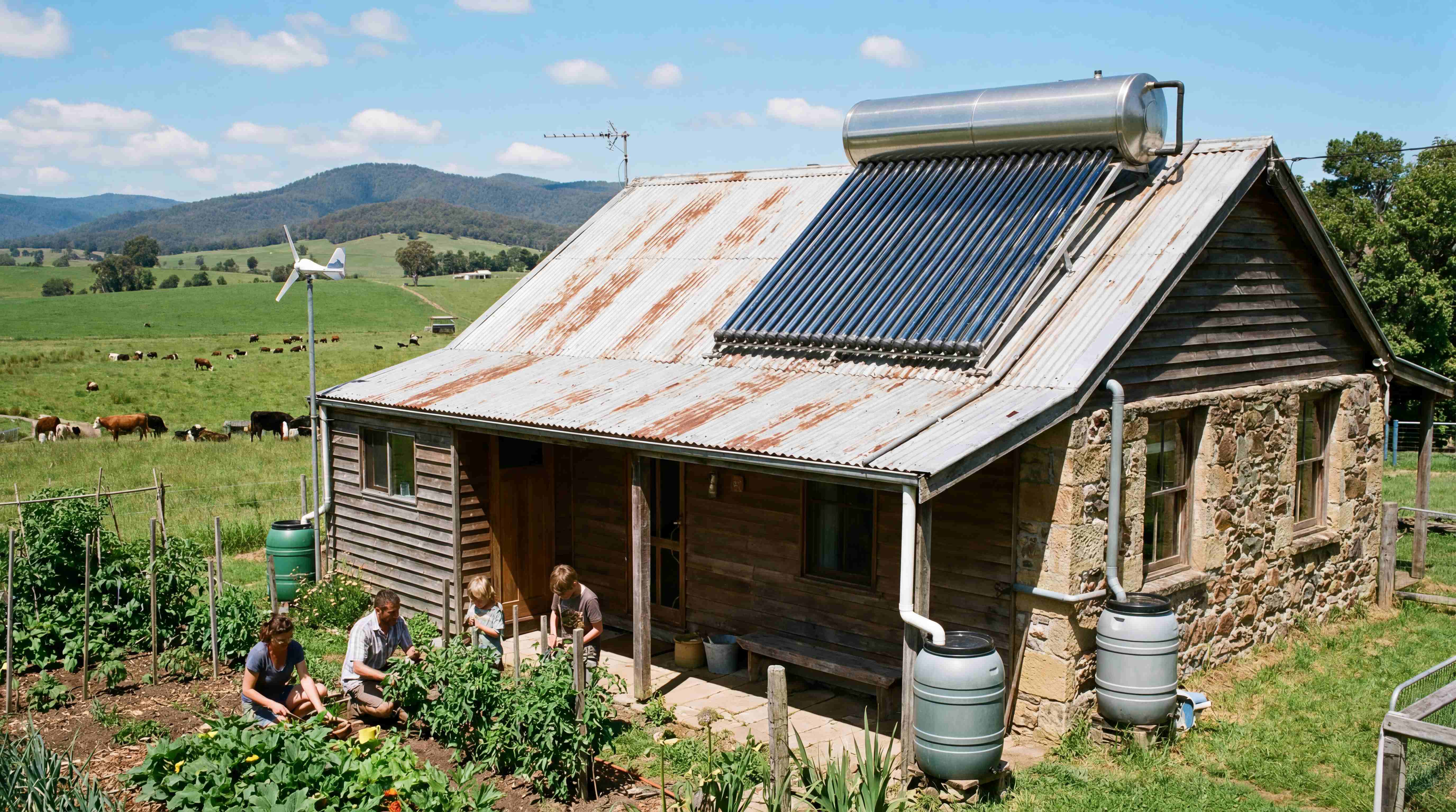 Off-grid solar water heater installed on a farm house with evacuated tubes, rooftop tank and rural water storage